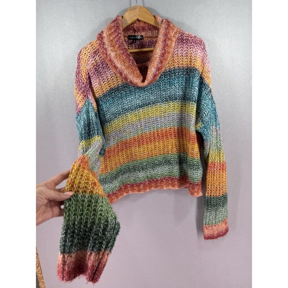 Moon Boot Tops - Sun+Moon Rainbow Space Dye Turtleneck Sweater L Multi Color Chunky Knit Lorelai